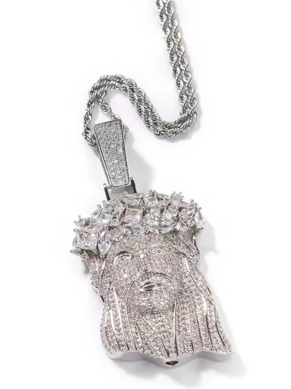 Silver-Tone Jesus Face Pendant Necklace with Clear Cubic Zirconia 20inch